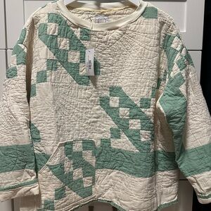 NWT- Handmade Quilted Cream and Green Pullover